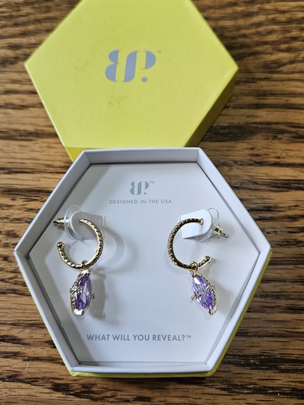 Bomb Party Gold Hoop Drop Earrings with Lavender Topaz Cubic Zircornia Drops